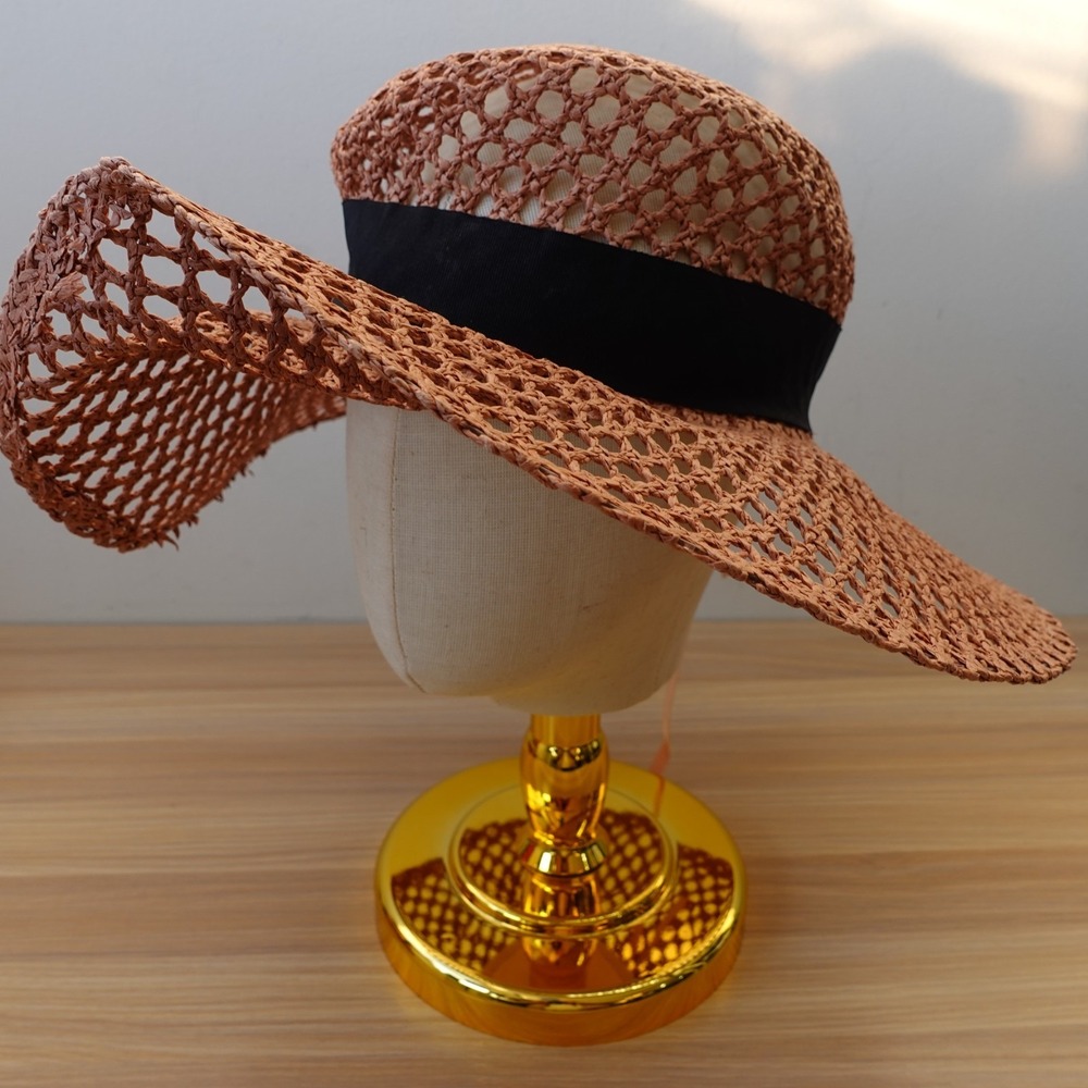 Olive Pique Hat Womens Brownish PInk Floppy Open Mesh‎ Straw Beach Summer Boho